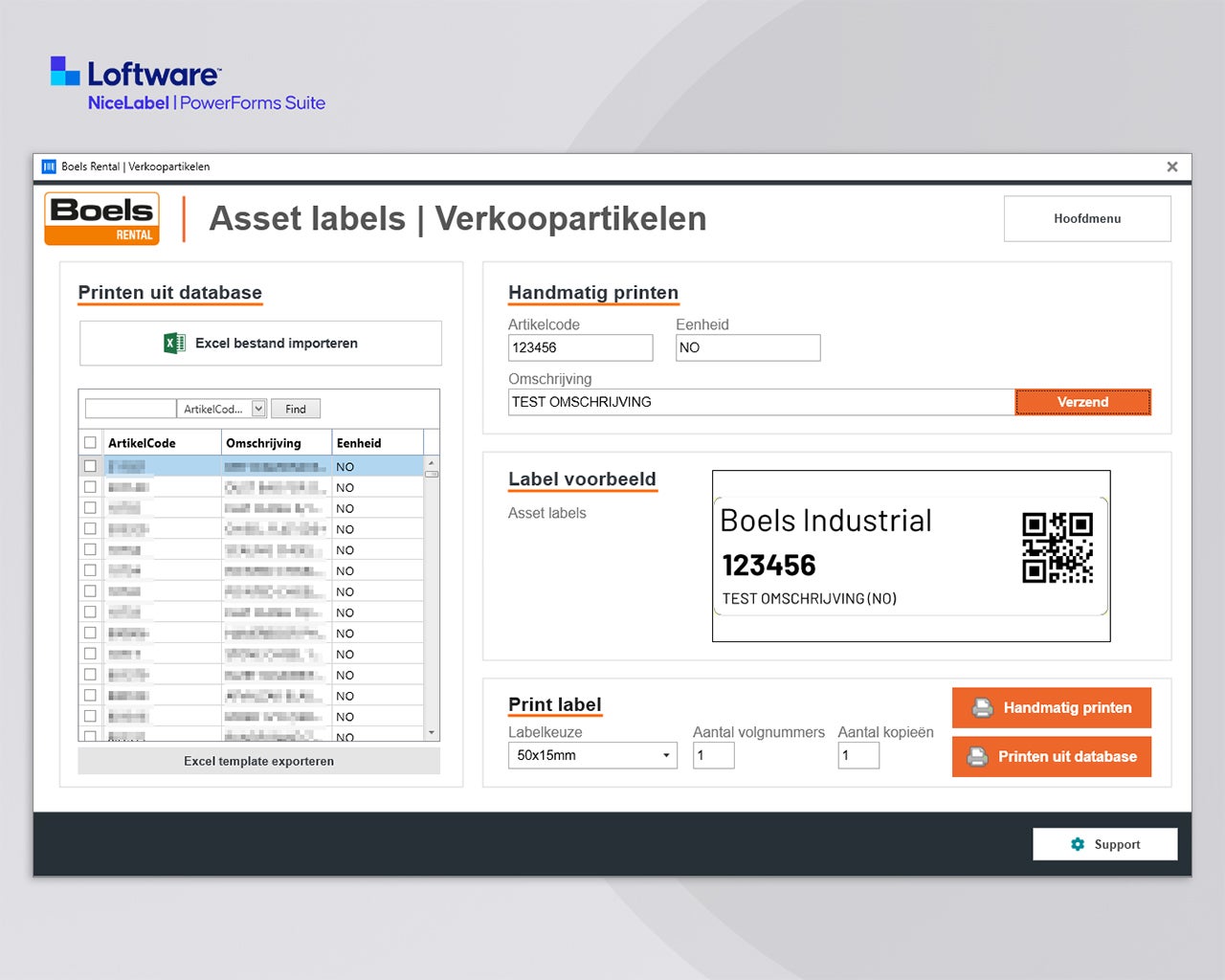 PowerForms applicatie voor het printen van verkoopartikelen labels vanuit database of handmatige invoer